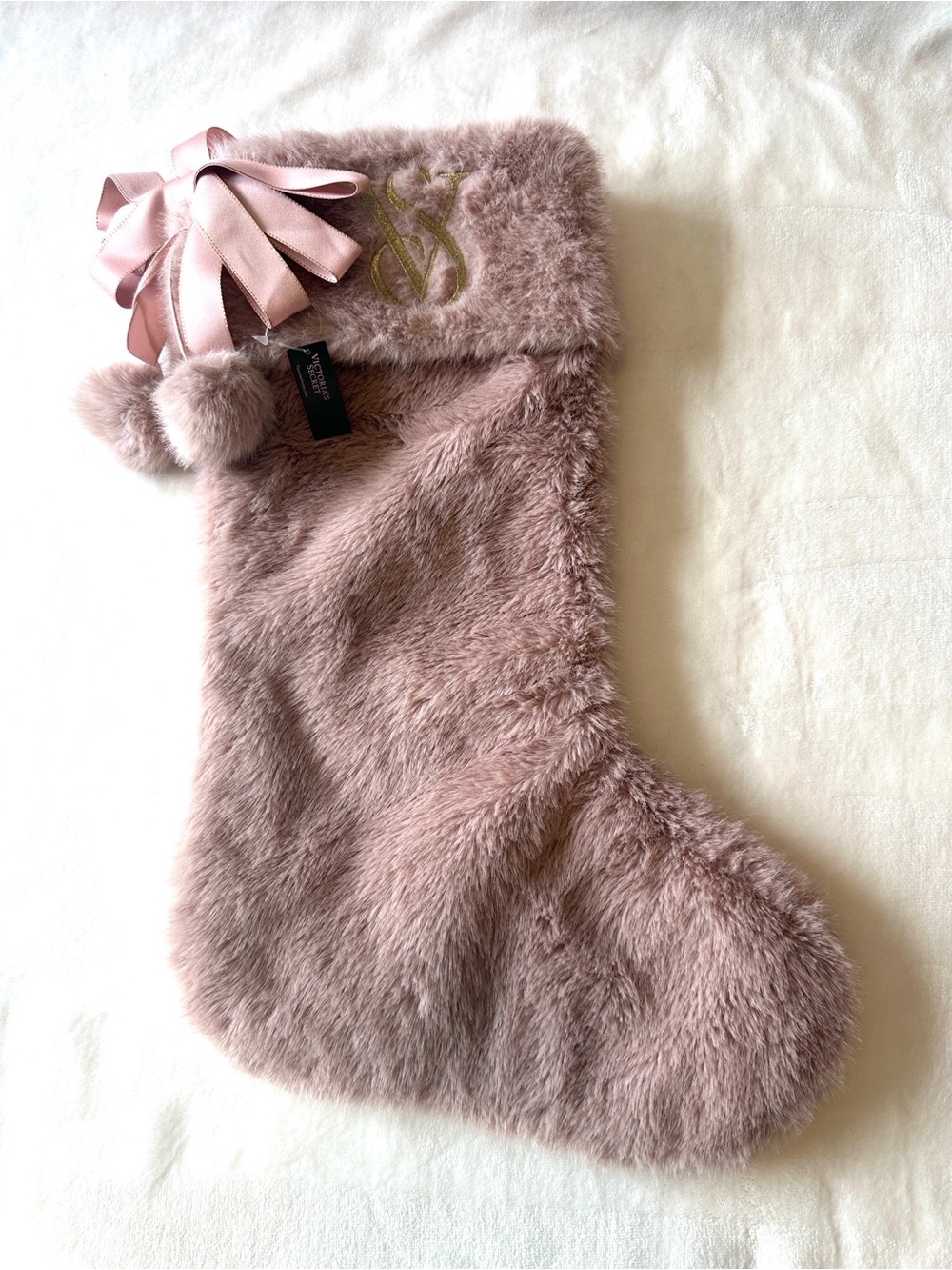 VICTORIA'S SECRET FAUX FUR CHRISTMAS STOCKING BLUSH PINK MAUVE GOLD TRIM NWT